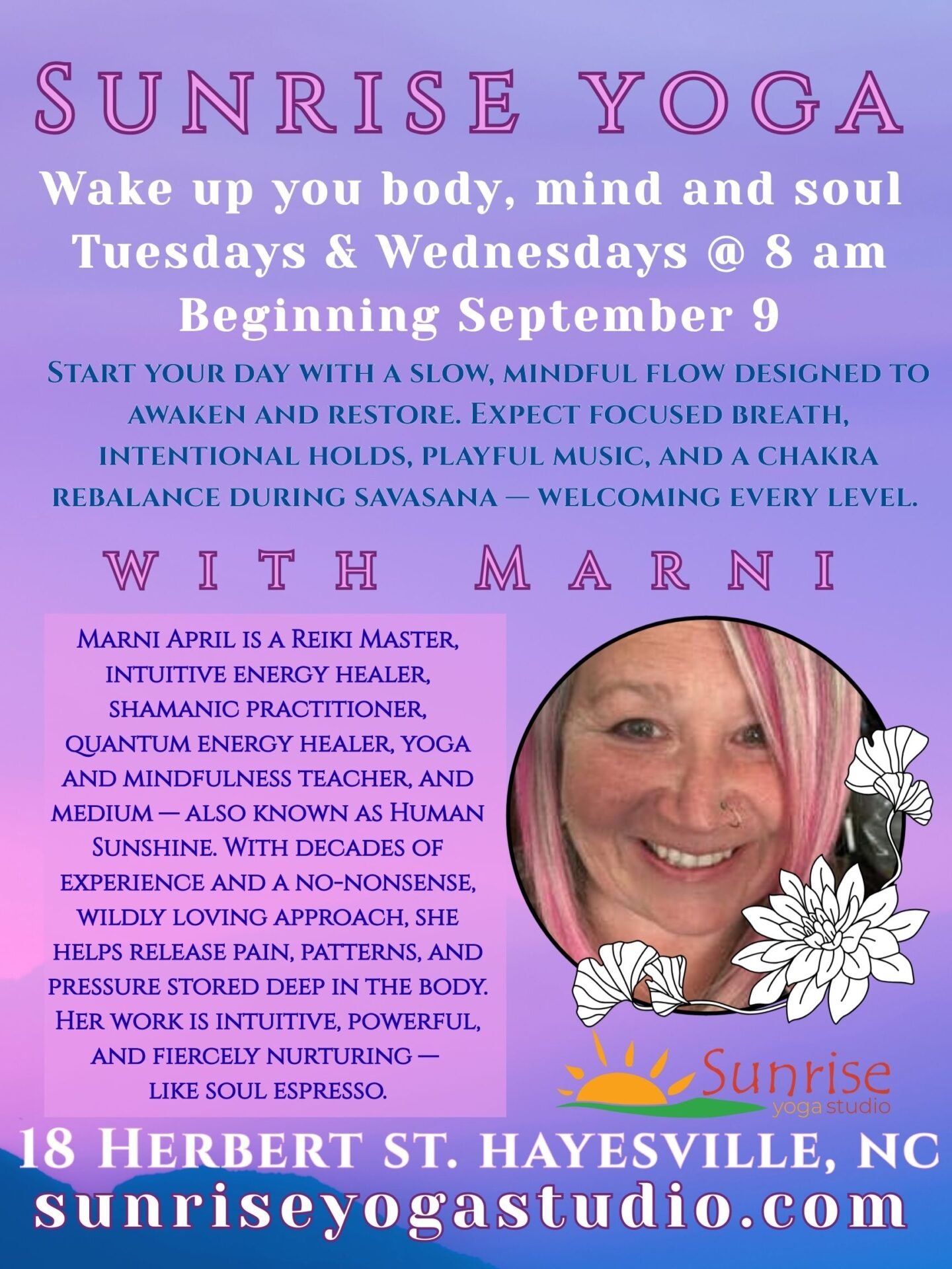 Sunrise Yoga with Marni 8-9:15 am Tuesdays and Wednesdays beginning 9/9/ 2025